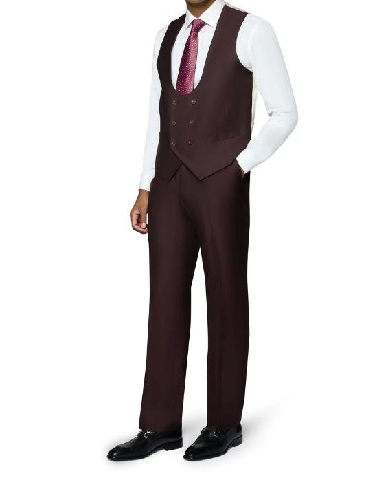 Beragamo Elegant Men's Burgundy 100% Wool Slim Fit Vested Suit