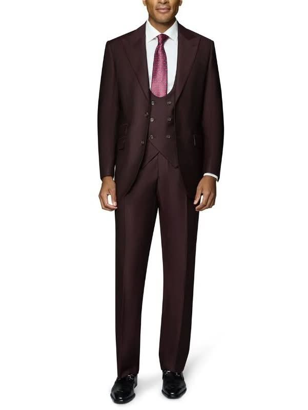 Beragamo Elegant Mens Burgundy 100% Wool Classic Fit Vested Suit with Peak Lapel