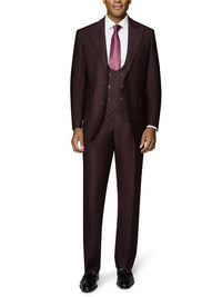 Thumbnail for Beragamo Elegant Mens Burgundy 100% Wool Classic Fit Vested Suit with Peak Lapel