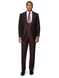 Thumbnail for Beragamo Elegant Men's Burgundy 100% Wool Slim Fit Vested Suit