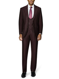 Thumbnail for Beragamo Elegant Men's Burgundy 100% Wool Slim Fit Vested Suit