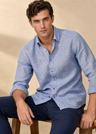 Proper Mens Blue Contemporary Fit Spread Collar 100% Linen Dress Shirt