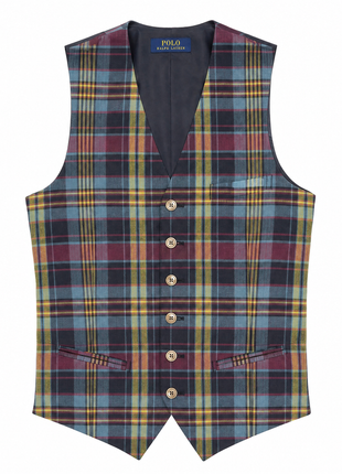 Polo Ralph Lauren Mens Multicolor Madras Plaid Peak Lapel Custom Fit Double-Breasted Cotton Suit - 40L