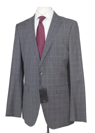 Hugo Boss Mens 42L Gray Windowpane 100% Wool Slim Fit 2 Piece Suit