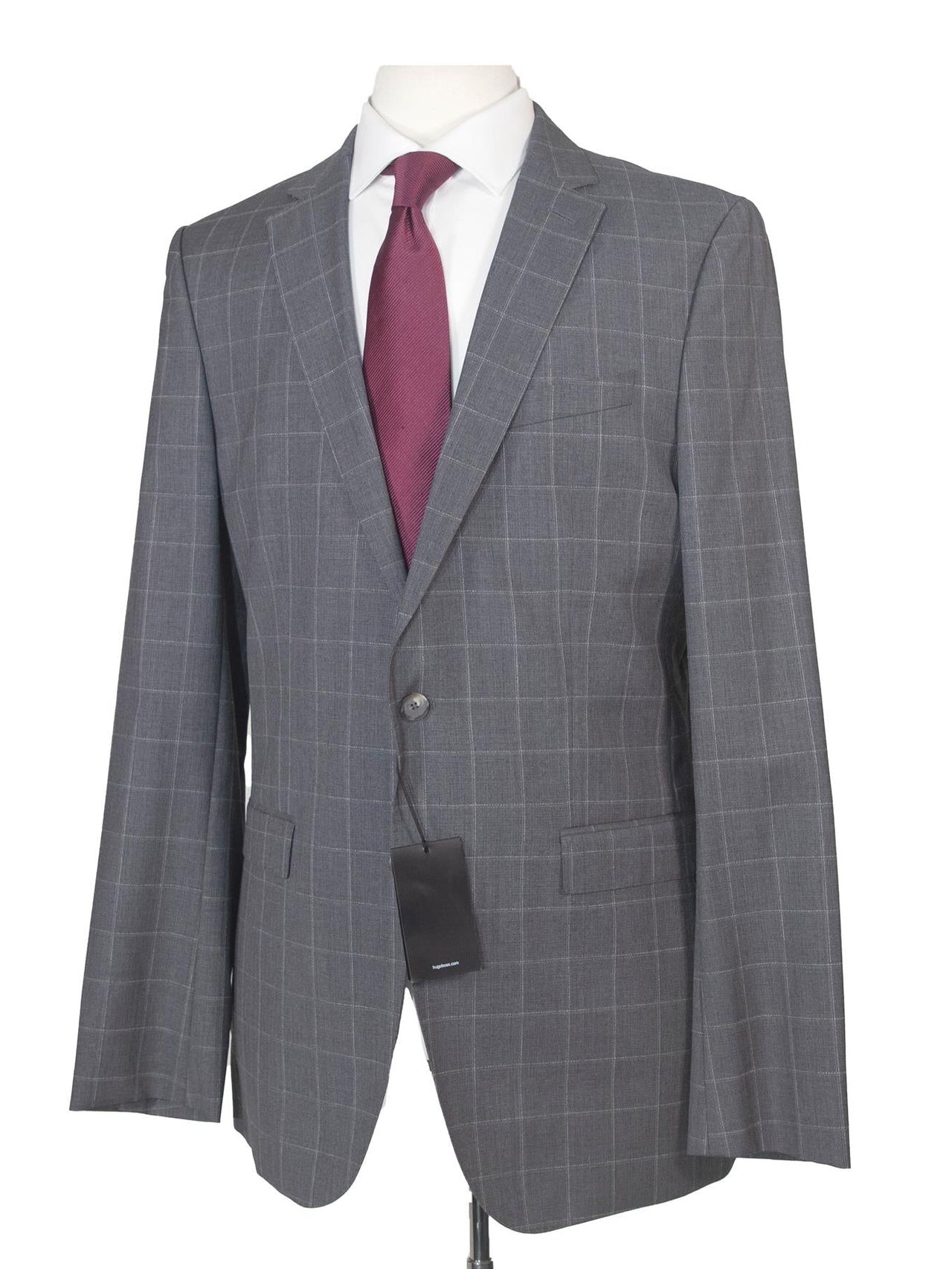 Hugo Boss Mens 42L Gray Windowpane 100% Wool Slim Fit 2 Piece Suit