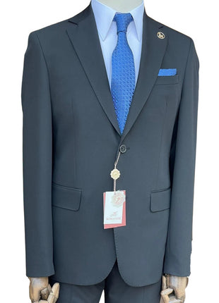 Romaster Mens Solid Black Notch Lapel Slim Fit Stretch Wool Blend suit