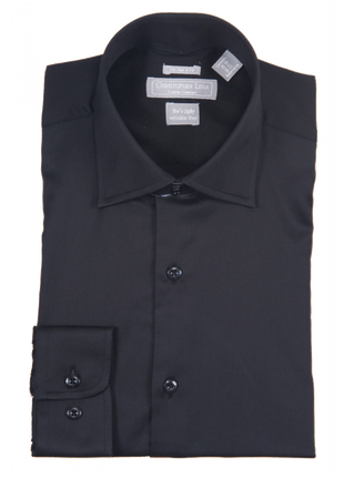Mens Slim Fit Solid Black Spread Collar Wrinkle Free 100% Cotton Dress Shirt