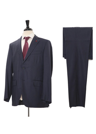 Isaia Mens 42R Drop 8 Navy Pinstripe 100% Wool Slim Fit 2 Piece Suit