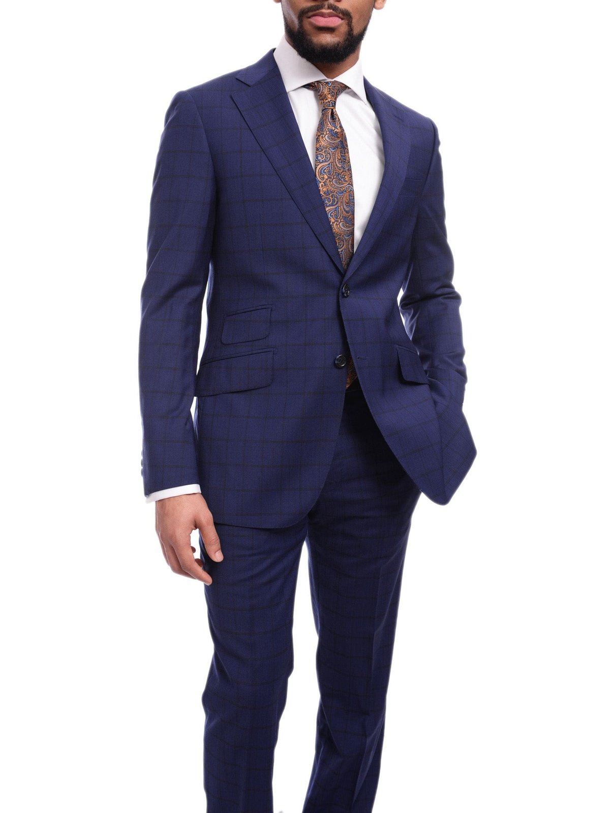 Napoli Slim Fit Blue Plaid Windowpane Two Button Half Canvassed 100% Wool Suit