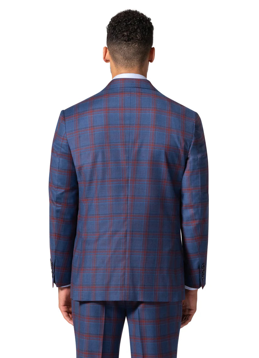 Beragamo Elegant Men Blue Plaid Classic Fit 100% Wool 3 Piece Suit & Peak Lapels