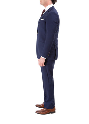 Sartoria Mazara Mens Slim Fit Navy Blue Plaid 100% Wool 2 Piece Suit