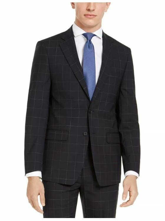 Calvin Klein Blazer Men's Calvin Klein Navy Blue Windowpane Slim Fit Wool Blazer Sportcoat