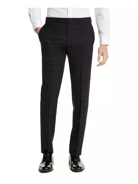 Calvin Klein TWO PIECE SUITS Men&#39;s Calvin Klein Navy Blue Windowpane Slim Fit Wool Suit