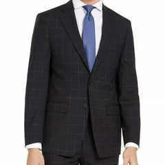Calvin Klein TWO PIECE SUITS Men's Calvin Klein Navy Blue Windowpane Slim Fit Wool Suit