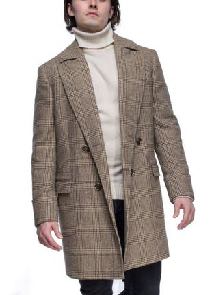 Canuti By Steven Land Mens Brown Glen Plaid Double Breasted 100% Wool Overcoat