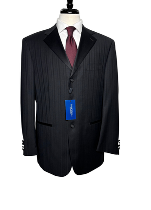 Sancanali Mens Black Shadow Stripe Satin Notch Lapel Classic Fit 3-Button Wool Tuxedo - 42R