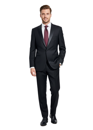 Giovanni Bresciani Mens Solid Black Satin Peak Lapel Slim Fit 1-Button Wool Tuxedo - 42R