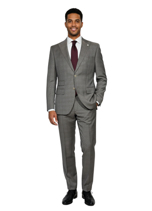 Luigi Bianchi Montova Mens Gray Windowpane Half-Canvassed Peak Lapel Classic Fit 2-button Wool Suit - 40R