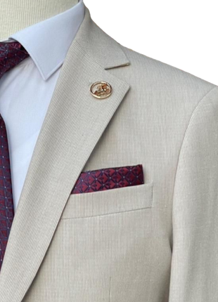 Pierre Carlos Pinstriped Beige Slim Fit Stretch Linen Suit with Drawstring Waist