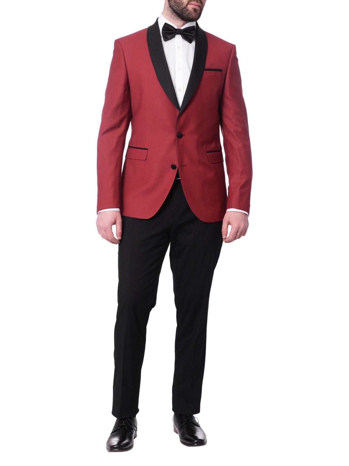 Cengizhan Baybars Men's Solid Red Slim Fit Tuxedo Suit With Black Shawl  Lapels