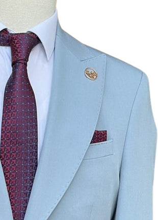 Romaster Men’s Solid Light Blue Slim Fit Peak Lapels Stretch Wool Suit