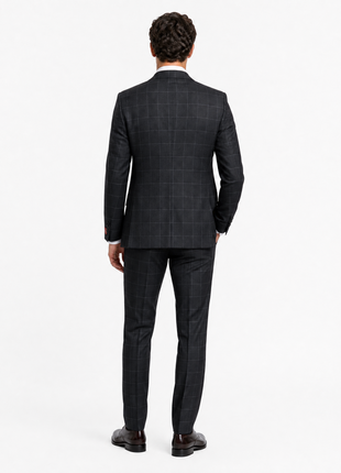 Mazara Mens Black With Gray Windowpane Slim Fit Peak Lapel 3-Piece Wool Suit