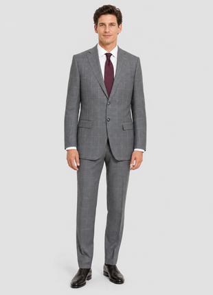 Corneliani Mens Gray Windowpane Fully-Canvassed Notch Lapels Classic Fit 2 Button Wool Suit - 40R