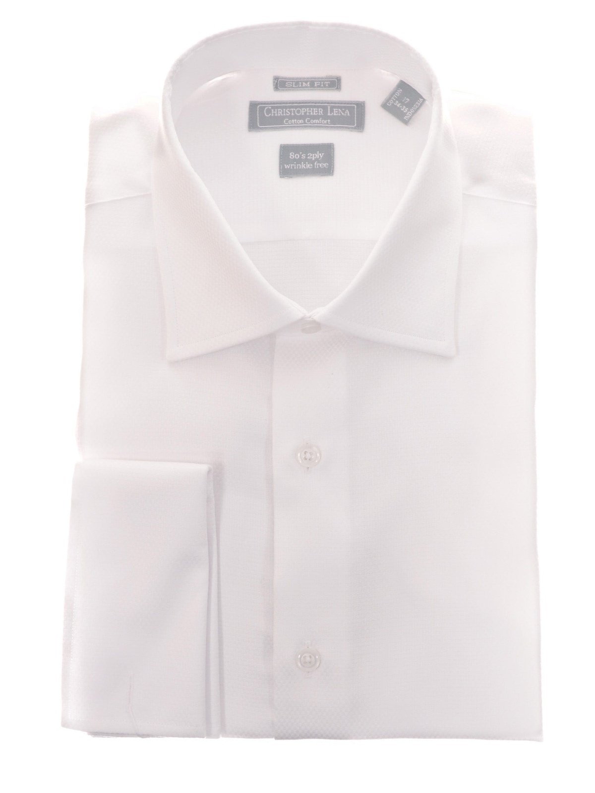 Mens Slim Fit White Textured Spread French Cuff Wrinkle Free Cotton Dress Shirt, 18 / 34/35 Mens Slim Fit White Textured Spread French Cuff Wrinkle Free Cotton Dress Shirt, 18 / 34/35