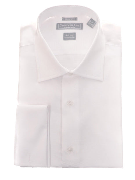 Mens Slim Fit White Textured Spread French Cuff Wrinkle Free Cotton Dress Shirt, 17 / 32/33