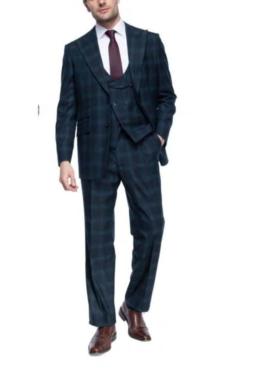 Canuti By Steven Land Mens Navy Blue Plaid 3 Piece Suit With Peak Lapels