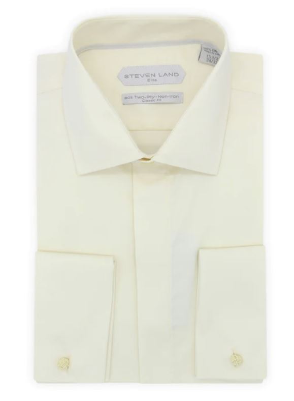 Steven Land Mens Solid Cream Regular Fit Cotton French Cuff Dress Shirt