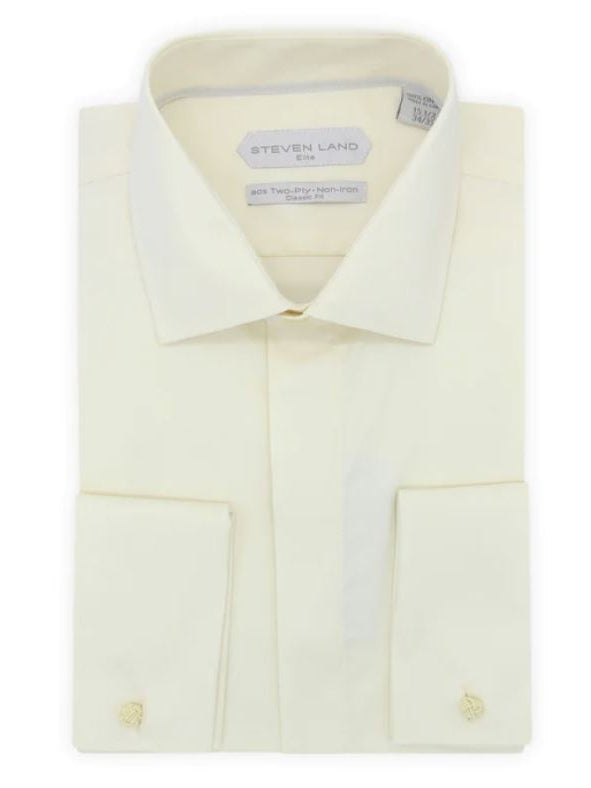 Steven Land Camisa de vestir con puño francés de algodón de ajuste regular color crema sólida para hombre