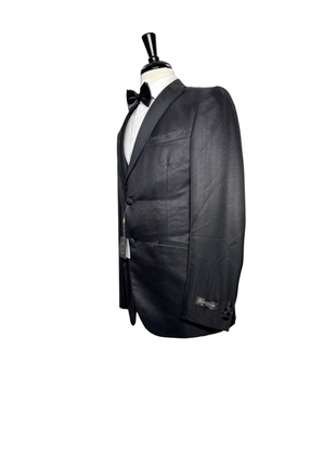 Corneliani Mens Solid Black Fully-Canvassed Peak Lapel Slim Fit 3-Piece Wool Silk Tuxedo - 40R