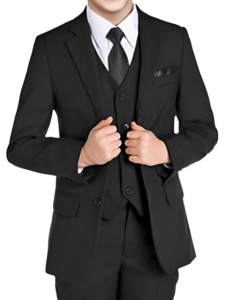 GF By Raphael Boys Solid Black Notch Lapels 3 Piece Suit