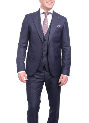 44R Cemden Slim Fit Blue Textured Check Two Button Three Piece Suit With Peak Lapels