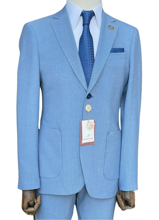 Pierre Carlos Pinstriped Light Blue Slim Fit Stretch Linen Suit with Drawstring Waist
