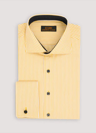 Steven Land Mens Marigold Yellow Striped 100% Cotton French Cuff Dress Shirt