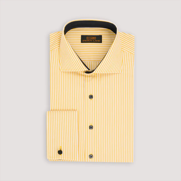 Steven Land Mens Marigold Yellow Striped 100% Cotton French