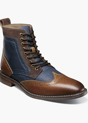 Stacy Adams Mens Finnegan Navy & Cognac Wingtip Lace-up Leather Dress Boot