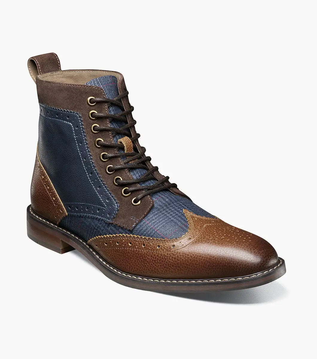 Stacy Adams Mens Finnegan Navy & Cognac Wingtip Lace-up Leather Dress Boot