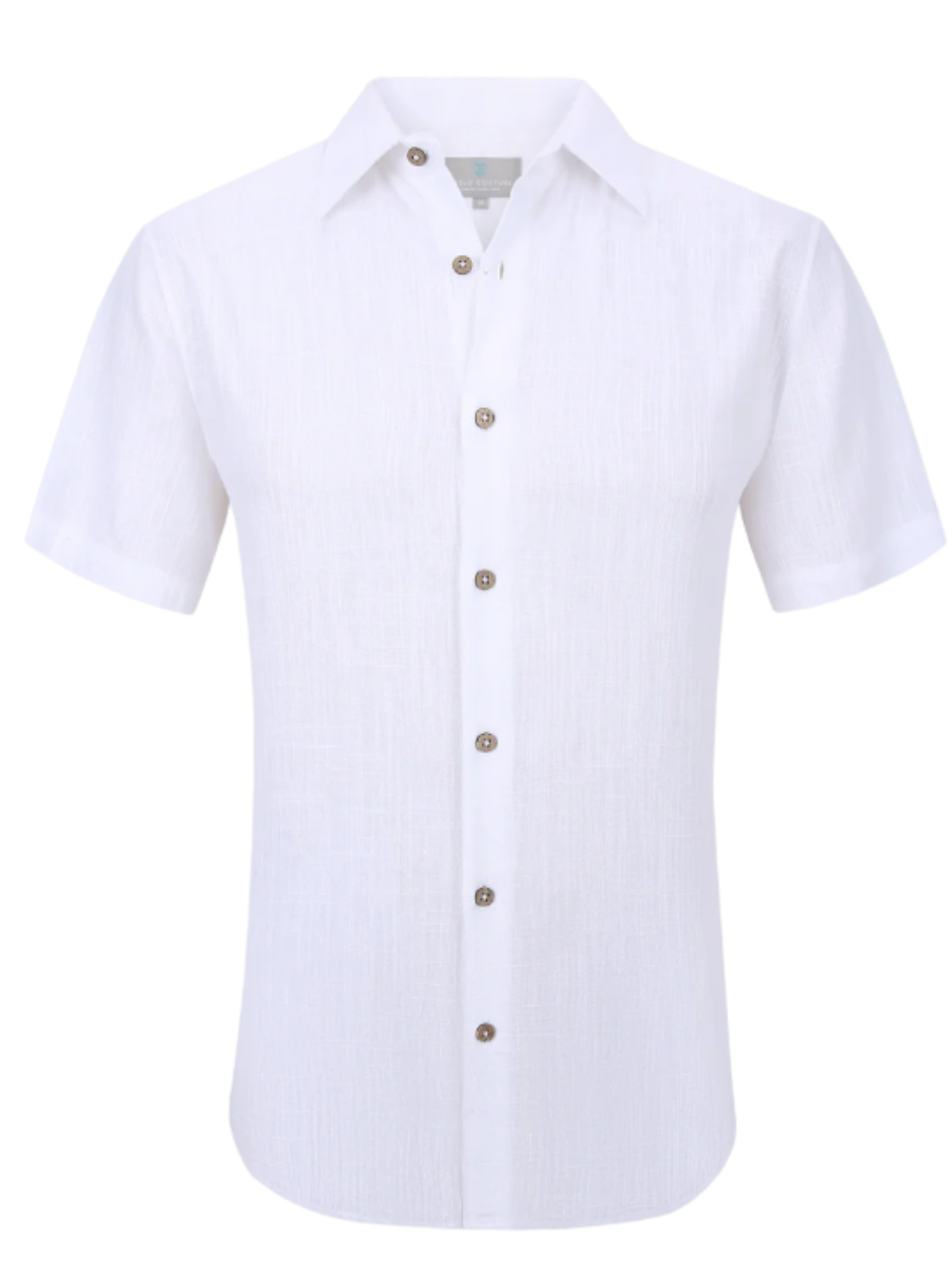 Suslo Couture Mens White Linen Blend Button-Up Spread Collar Casual Shirt
