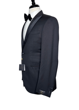 Corneliani Mens Solid Black Fully-Canvassed Satin Split Peak Lapel Slim Fit 3-Piece Wool Tuxedo - 40R