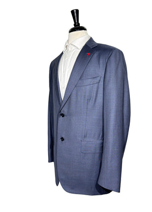 Isaia Mens Blue Windowpane Fully-Canvassed Notch Lapel Slim Fit 2-Button Wool Suit - 44L