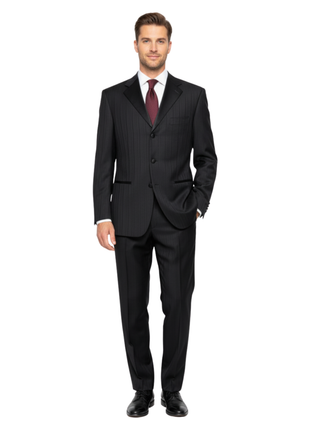 Sancanali Men's Black Shadow Stripe Satin Notch Lapel Classic Fit 3-Button Wool Tuxedo - 42R