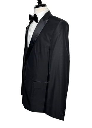 Versace Collection Mens Black Textured Satin Peak Lapel Classic Fit Stretch 2-Button Wool Blend Tuxedo - 44L