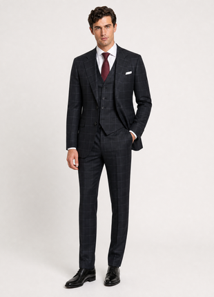 Mazara Mens Black With Gray Windowpane Slim Fit Peak Lapel 3-Piece Wool Suit