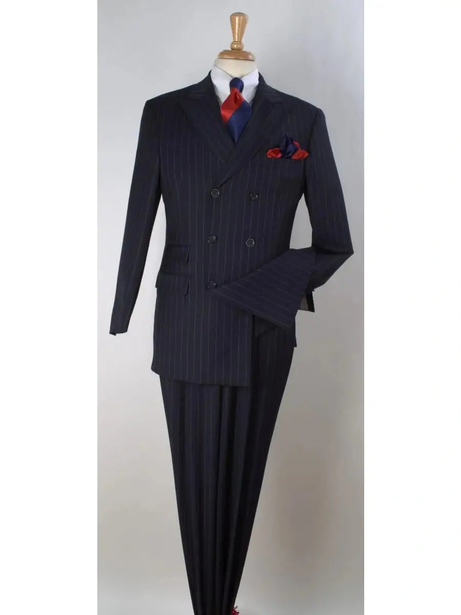 Apollo King Mens Navy Blue Pinstriped Double Breasted 3 Piece Pleated Wool Suit