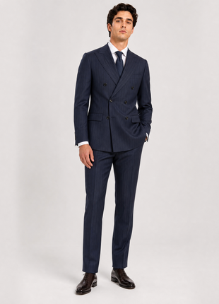 Tovaglia Mens Blue Pinstriped Slim Fit 100% Wool Double Breasted 2 Piece Suit