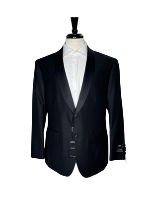 Angelo Rossi Mens Solid Black Satin Shawl Lapel Classic Fit 2-Button Tuxedo - 44S