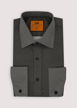 Steven Land Black Micro Geometric Regular Fit Spread Collar Wrinkle & Shrink Free Cotton Dress Shirt